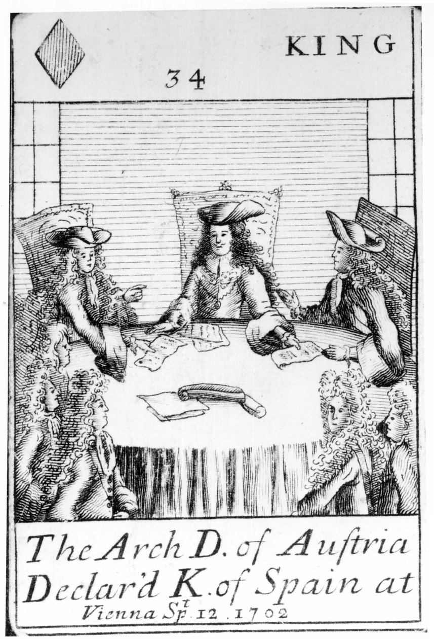 Ärkehertigen av Österrike förklarade kung av Spanien i Wien den 12 september 1702, King of Diamonds spelkort från en uppsättning till minne av det spanska tronföljdskriget (1702-13) av English School