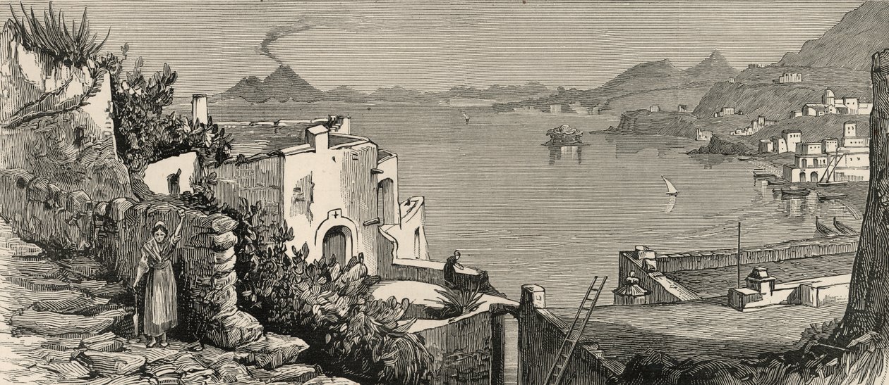 Den katastrofala jordbävningen vid Ischia: Stranden och staden Casamicciola från byn Lacco, från 