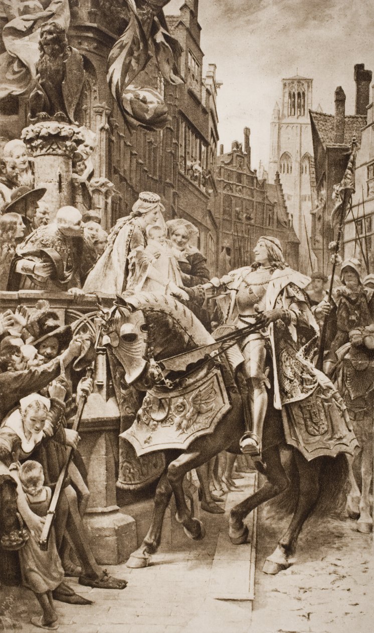 Den helige romerske kejsaren Maximilian I och hans hustru, Maria av Bourgogne, med deras förstfödde, Filip av Gent, illustration från 