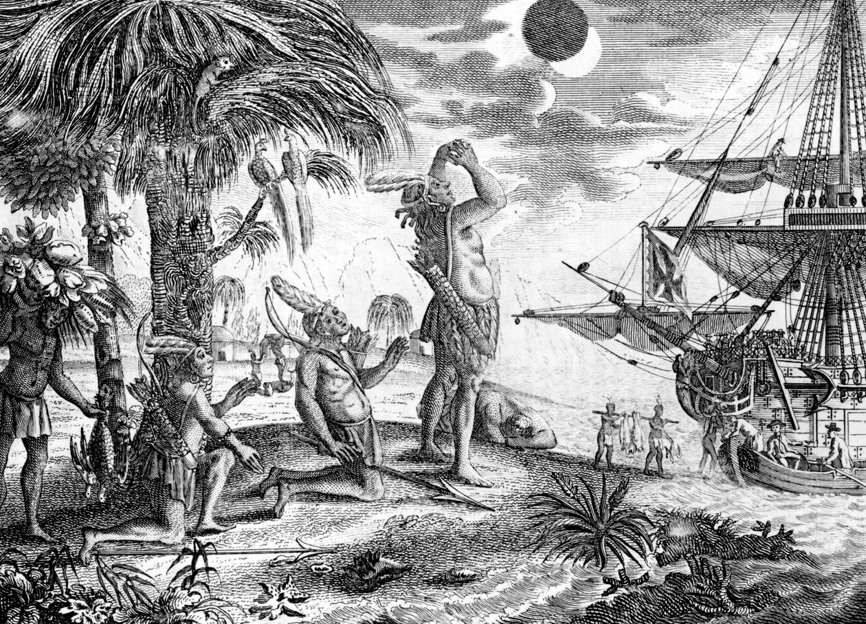 Indianerna häpnade över månförmörkelsen som förutsagts av Columbus, illustration från "A New Universal Collection of Authentic and Entertaining Voyages and Travels" av Edward George Cavendish, 177 av English School