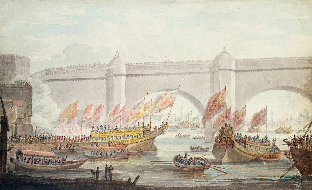 Lord Mayor landar i Westminster, med utsikt över bron, 1840 (wc på papper) av English School