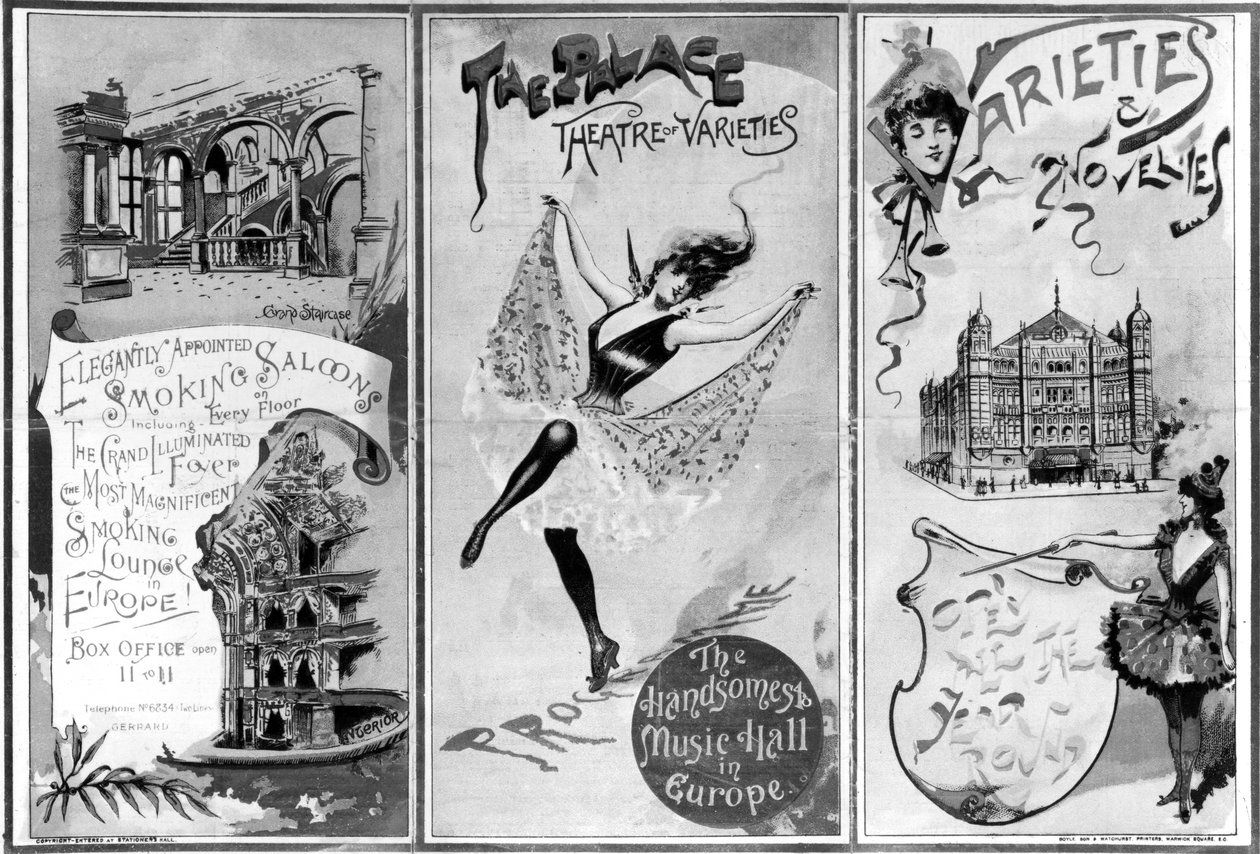 The Palace Theatre of Varieties, c.1893 88;London West End-teater, operahus och musiksal; öppnades 1891 av Richard D