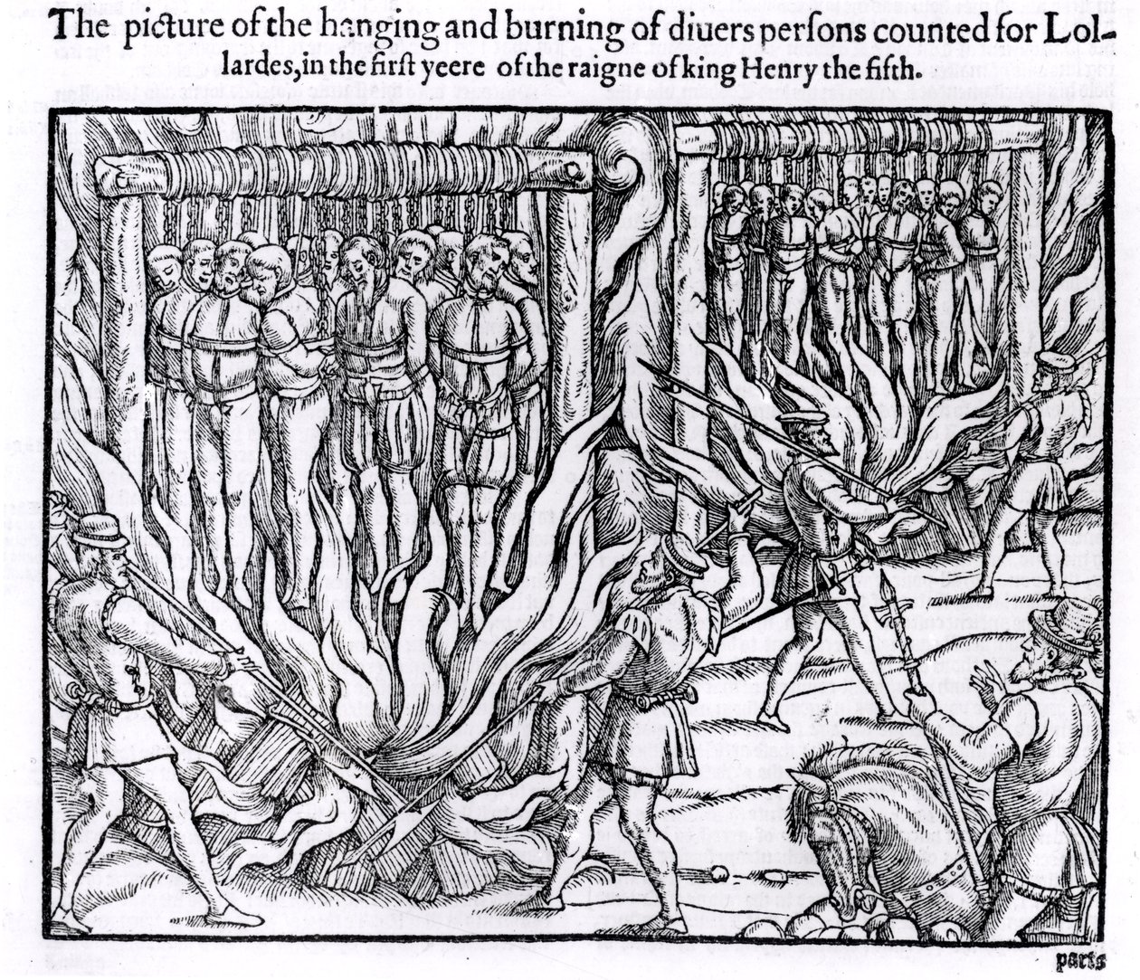 Bilden av att hänga och bränna olika personer som räknas för lollards, under det första året av kung Henrik V:s regeringstid, från "Acts and Monuments" av John Foxe (1516-87), 1563 (bundw ph) av English School