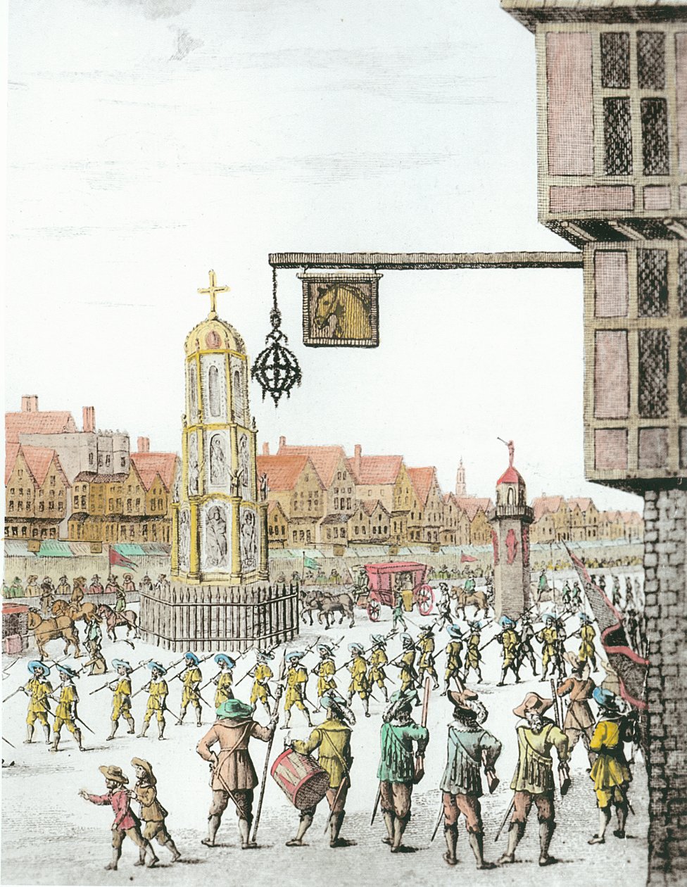 The Procession of Marie de Medici along Cheapside, 1638, publicerad av William Herbert (1771-1851) och Robert Wilkinson (fl.1785-1825) 1809 (detalj av 257497) (senare färgläggning) av English School