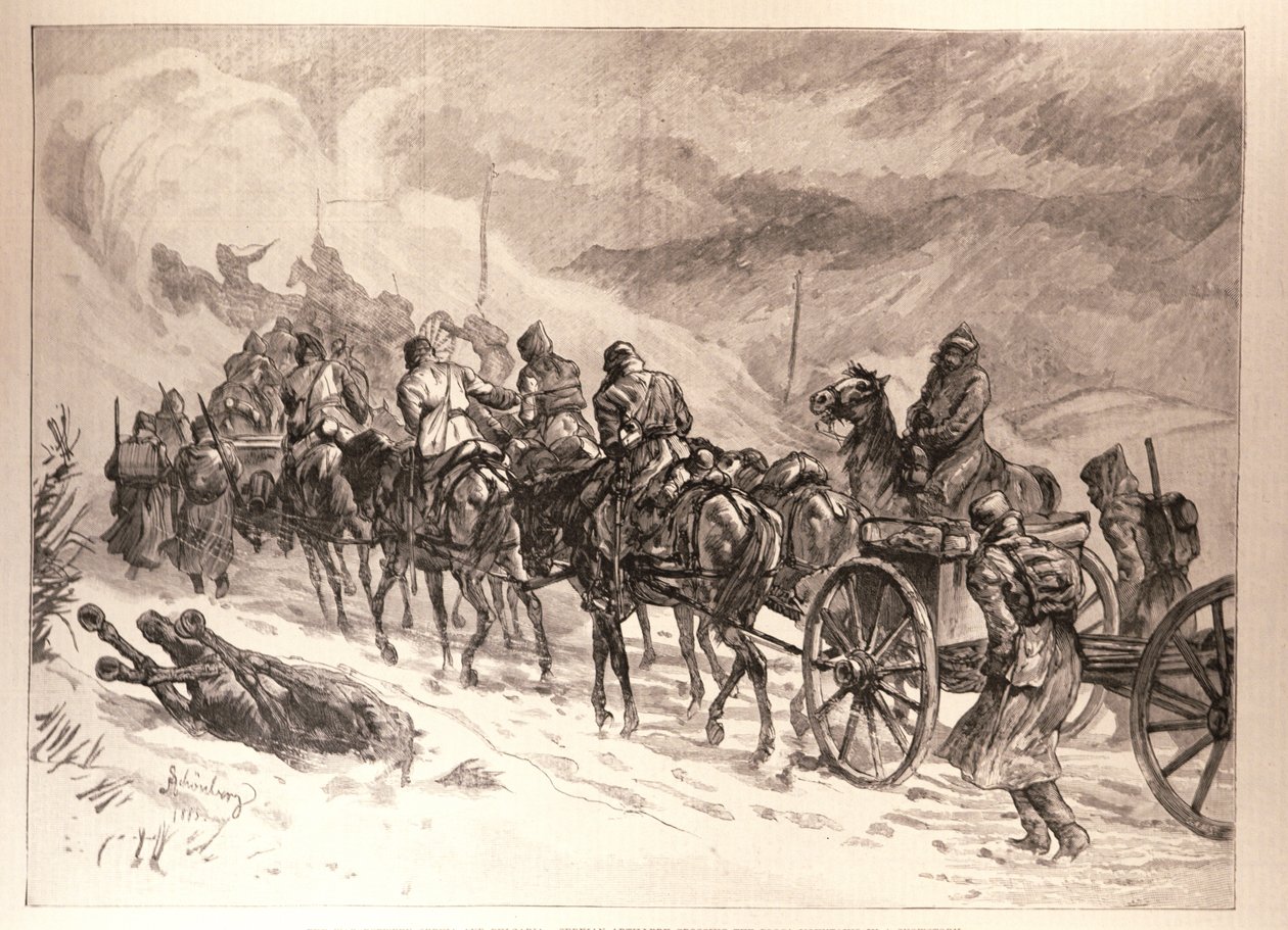 The War Between Servia and Bulgaria: Servian Artillery Crossing the Ploca Mountains in a Snowstorm, från en skiss av J. Schonberg, från 