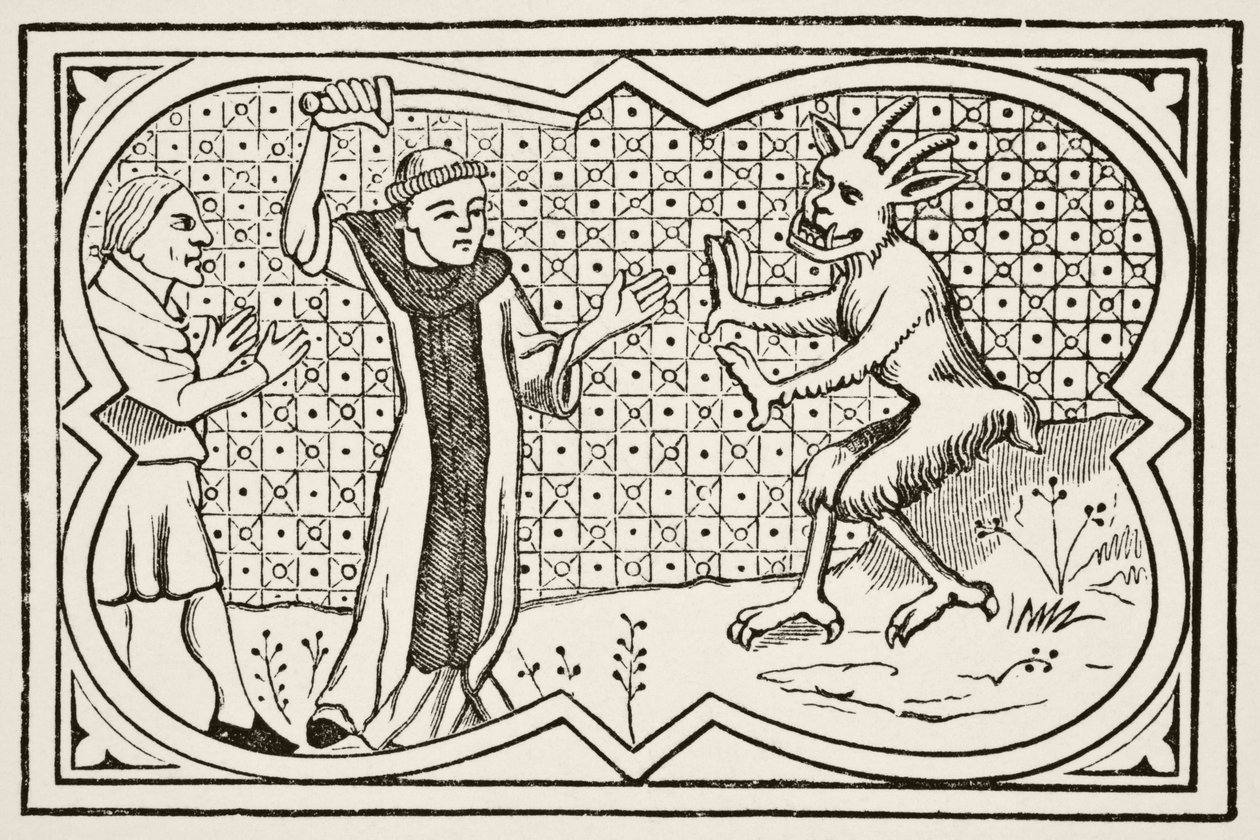 Djävulen försöker gripa en trollkarl som hade slutit en pakt med honom men hindras av en lekmannabror, efter en miniatyr från 1200-talets Chroniques de Saint-Denis, från 