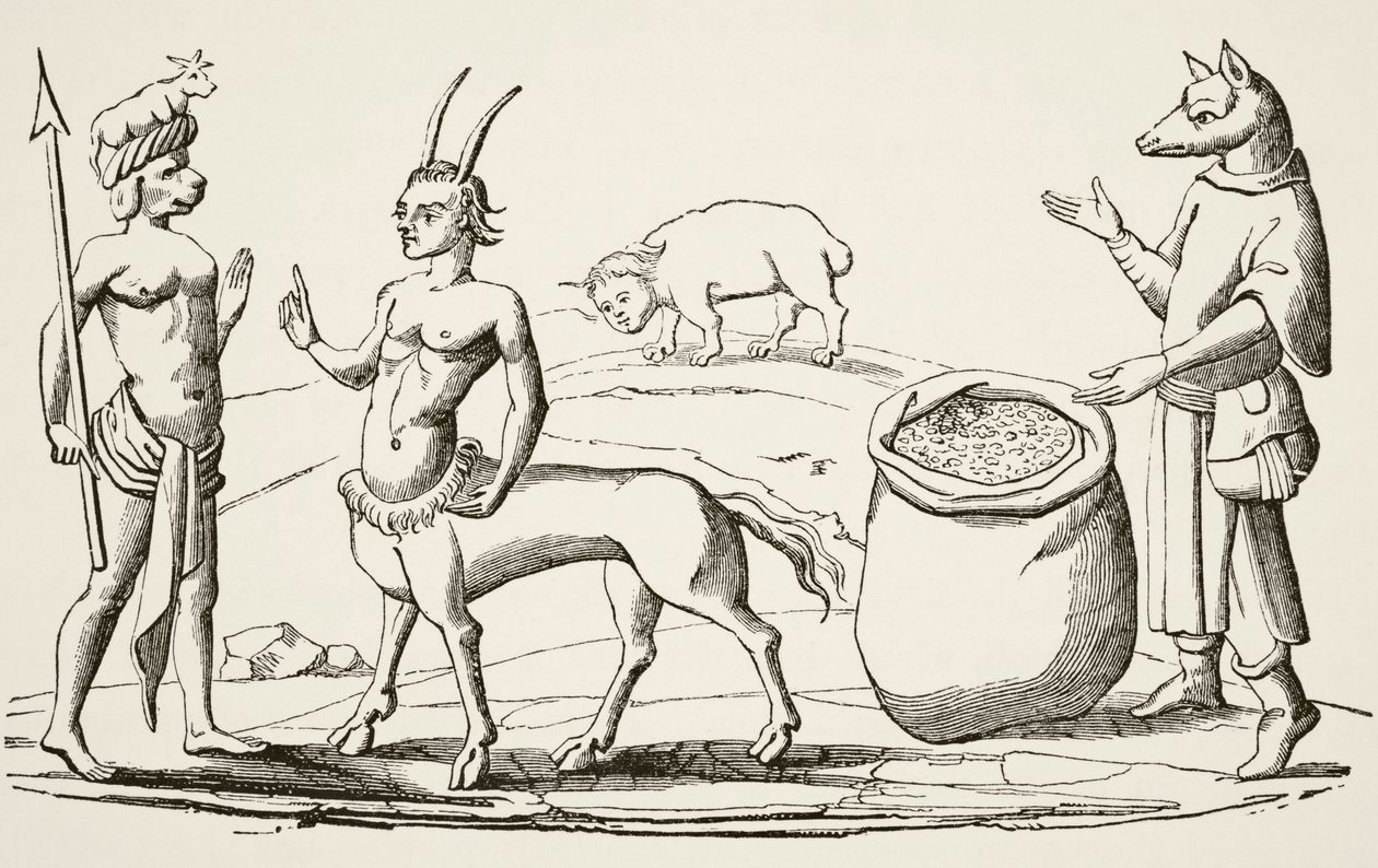 Människan-hunden, man-vargen, man-tjuren och man-grisen, efter miniatyr är "Livre des Merveilles du Monde" från 1300-talet, från "Science and Literature in the Middle Ages" av Paul Lacroix, 1978 ( li av English School