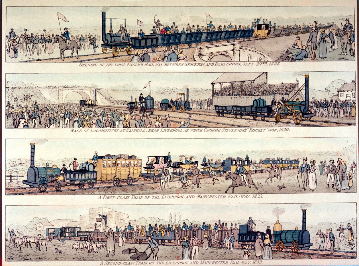 Öppnandet av Stockton och Darlington järnvägen, 1825; Lokomotivlopp vid Rainhill, nära Liverpool, vunnet av George Stephensons 