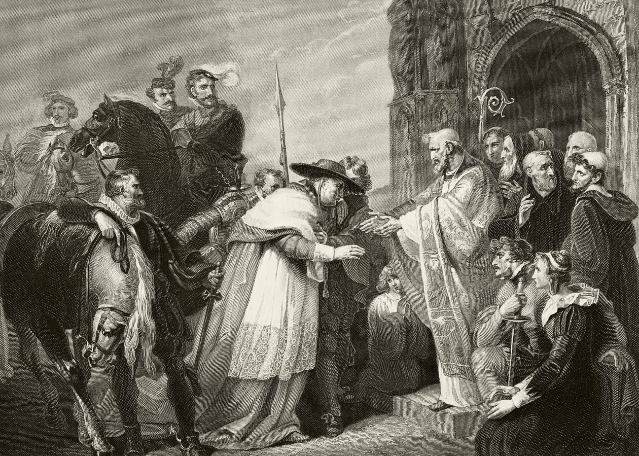 Thomas, kardinal Wolsey i Leicester Abbey efter att ha insjuknat på väg till London 1530, från "The National and Domestic History of England" av William Hickman Smith Aubrey (1858-1916) utgiven av Lon av English School