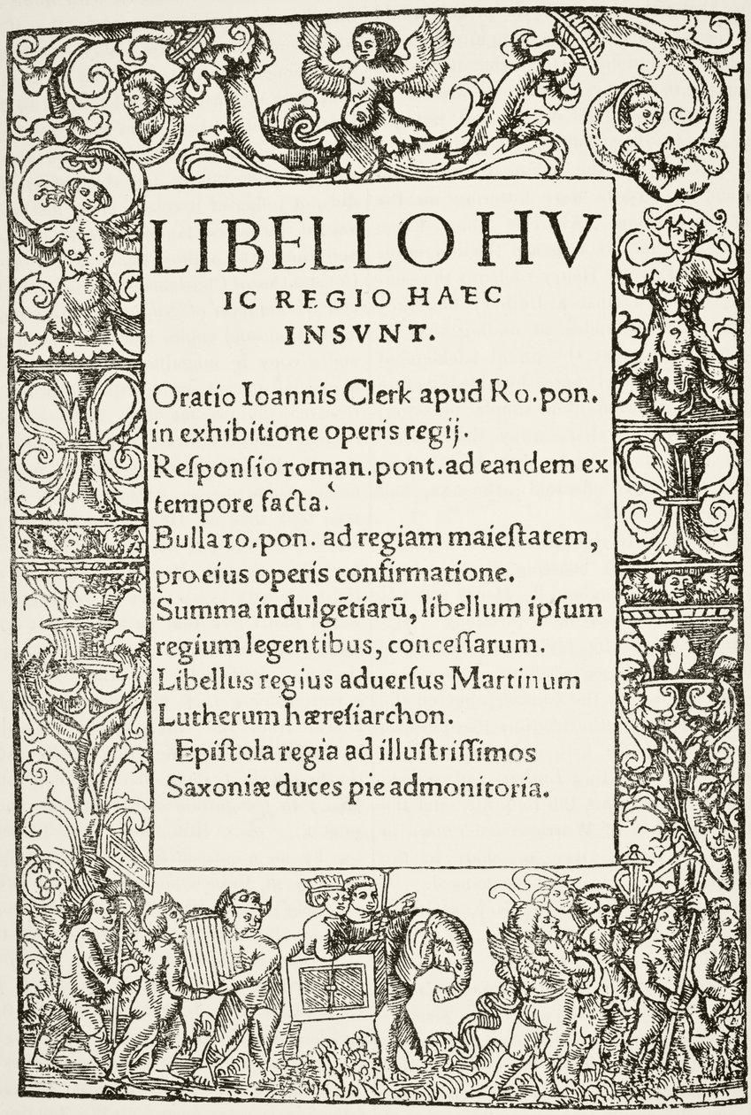Titelsida från kung Henrik VIII:s Defense of the Seven Sacraments, tryckt av Richard Pynson 1521, från 