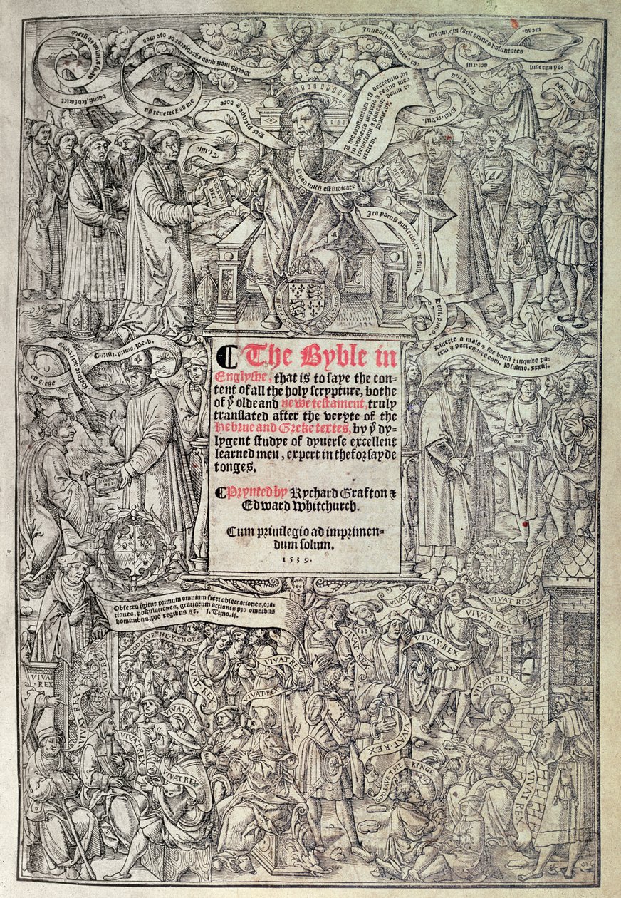 Titelsida som introducerar engelsk översättning av den stora bibeln, översatt från hebreiska och grekiska texter och tryckt av Richard Grafton och Edward Whitchurch, ca 1539 (träsnitt) av English School