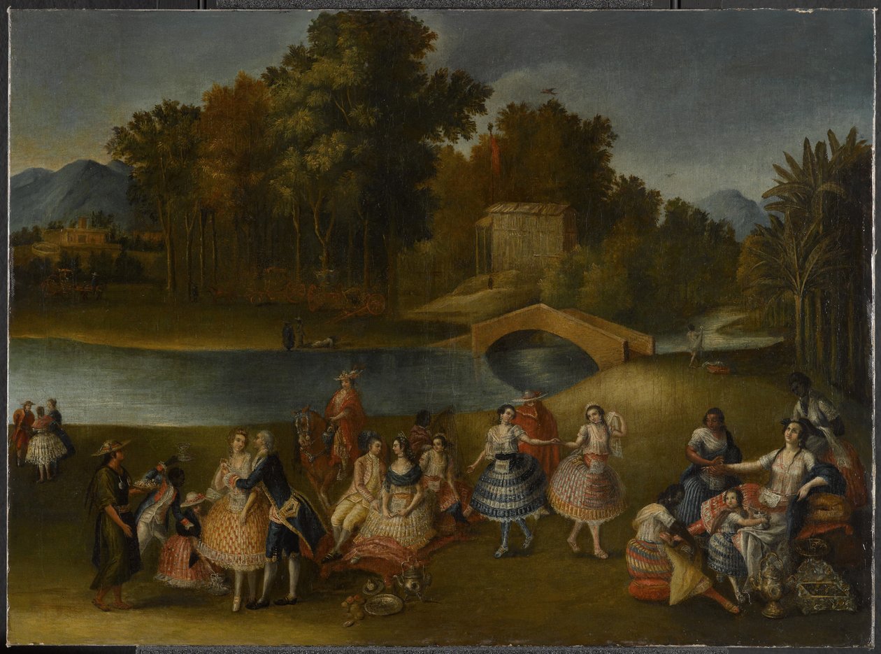 Ett glatt sällskap på stranden av floden Rímac, 1785-1800 av Lima School