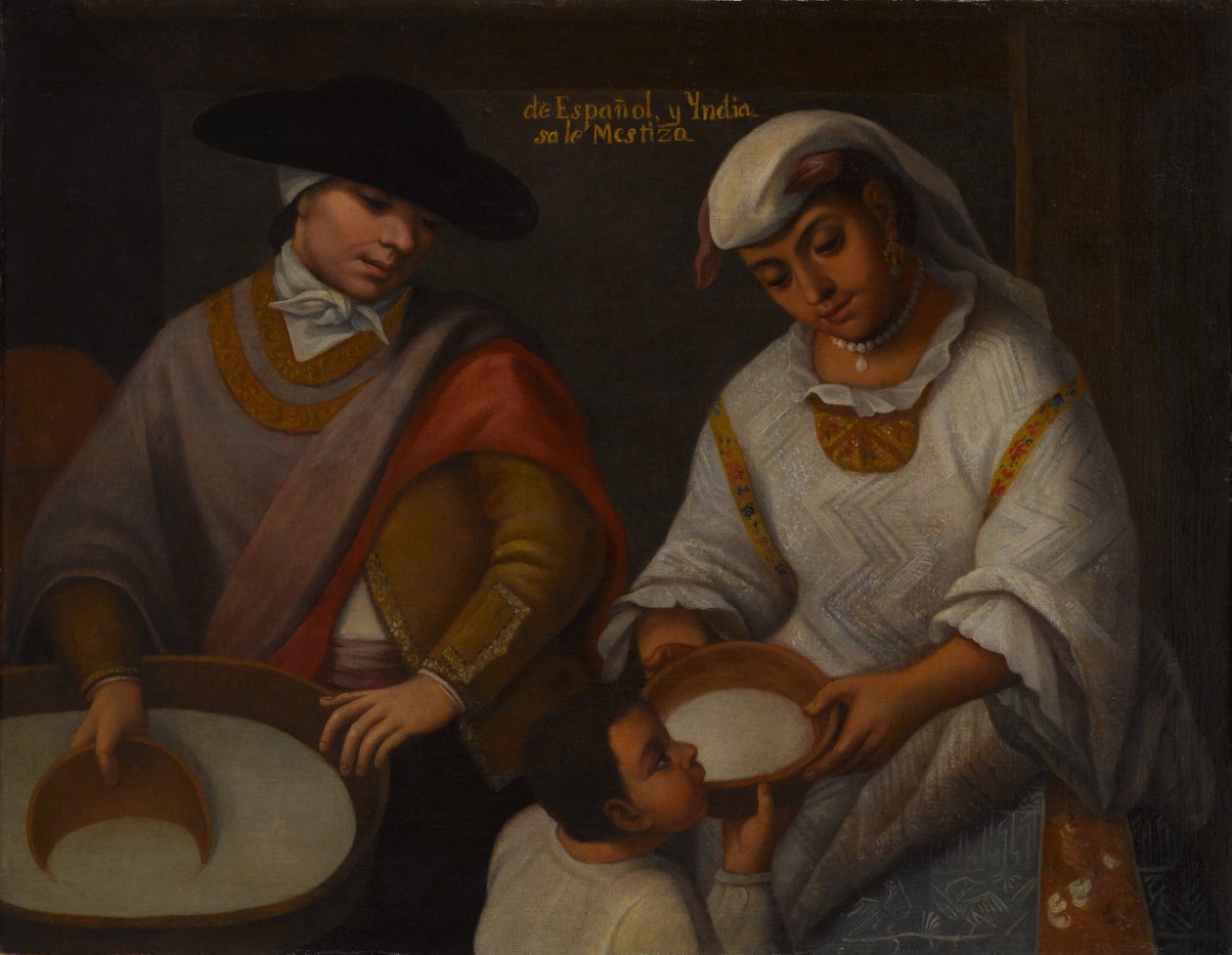 Från spanska och indiska, Mestizo (De Español y India sale Mestizo), tidigt 1700-tal av Mexican School