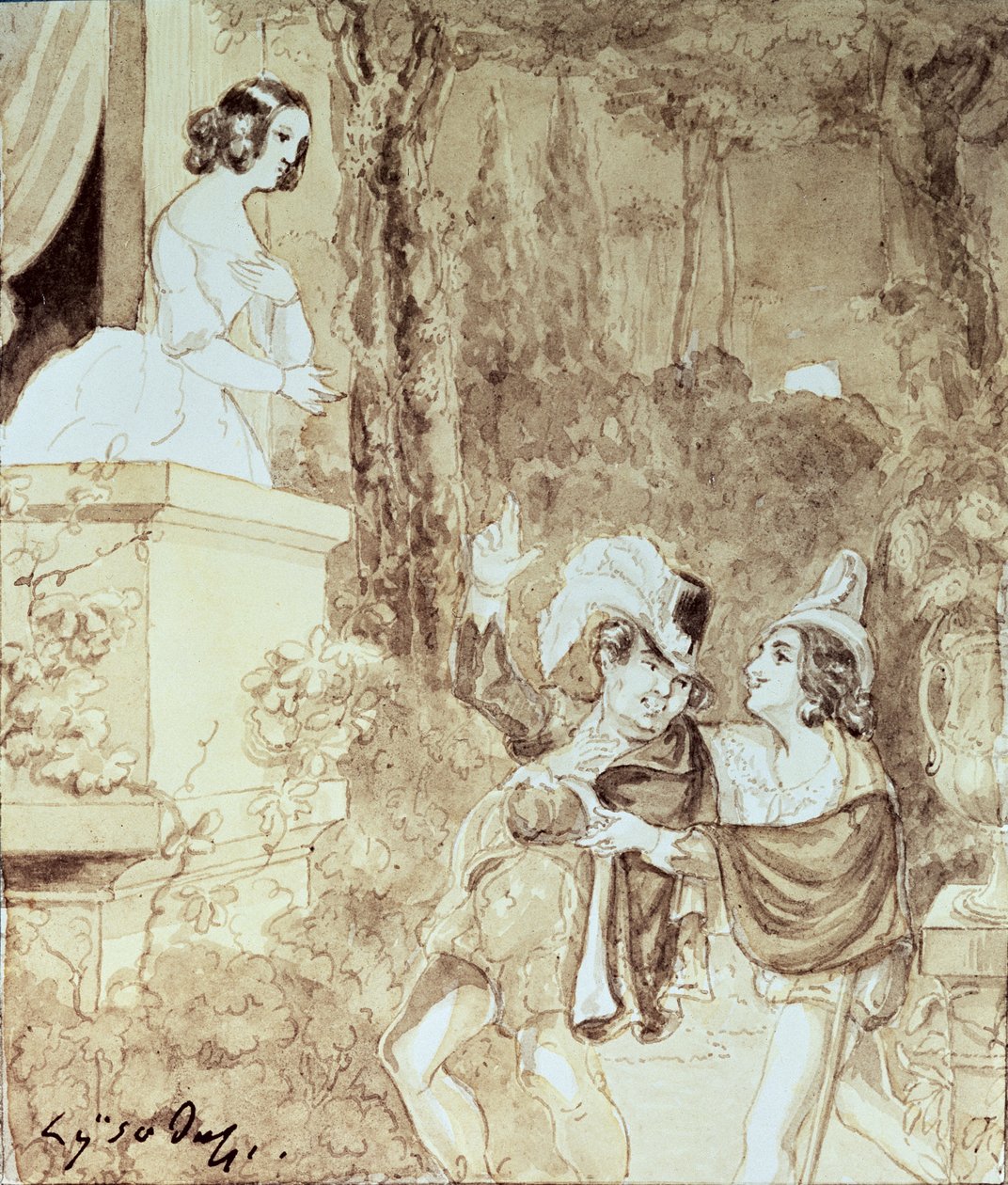 Leporello serenad med Elvira i skepnad av Don Giovanni (Don Juan) som står bakom honom, akt II scen I, från 