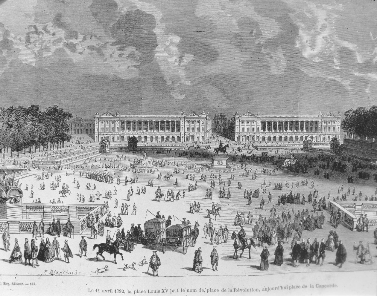 Den 11 april 1792 döptes Place Louis XV om till Place de la Revolution och kallas idag Place de la Concorde, illustration från "Paris a travers les siecles". Tome 3. av H. Gourdon de Genouillac, 188. av Blanchard