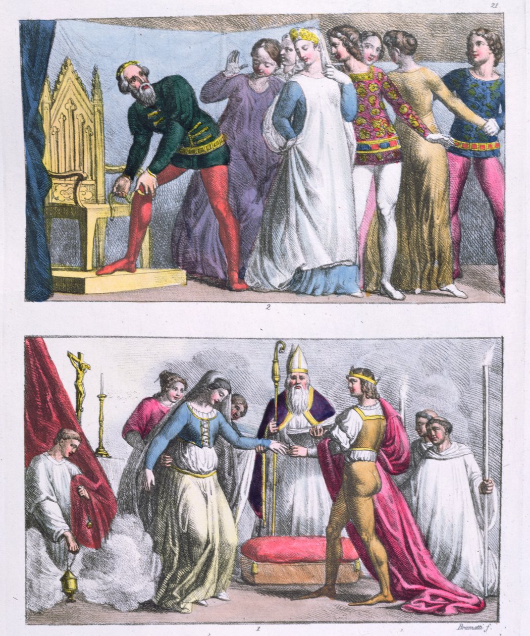 Edward III (1312-77) instiftade strumpebandsorden 1348 och Henrik I (1068-1135) gifte sig, från "Le Costume Ancien et Moderne" av Jules Ferrario, ca 1820 (färggravyr). av G. and Raineri Bramatti