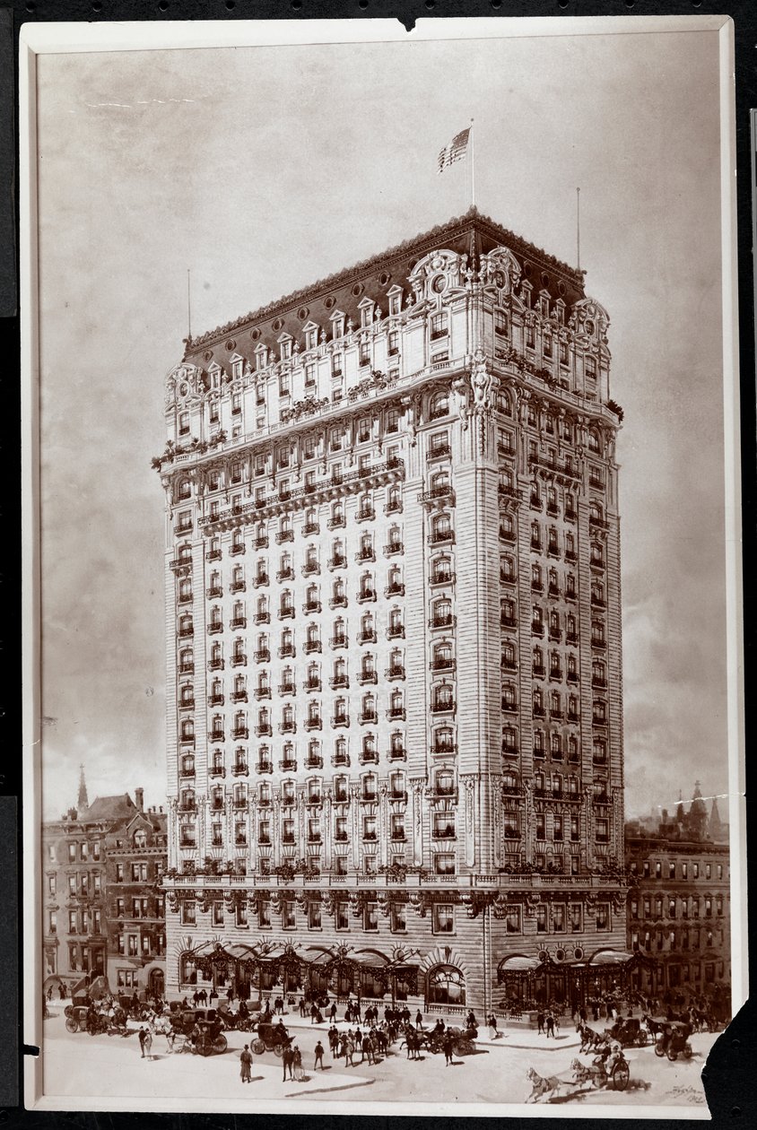 Fotografi av en teckning av St. Regis Hotel, sydöstra hörnet av 5th Avenue och 55th Street, New York, av Hughson Frederick Hawley (1850-1936), 1902 (silvergelatintryck) av Byron Company