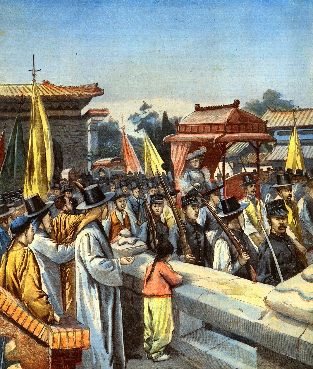 Alice Roosevelt bärs genom Seouls gator i en kejserlig bärstol till palatset för en audiens med Koreas kejsare den 20 september 1905, omslagsillustration från "Le Petit Pari". av Carrey