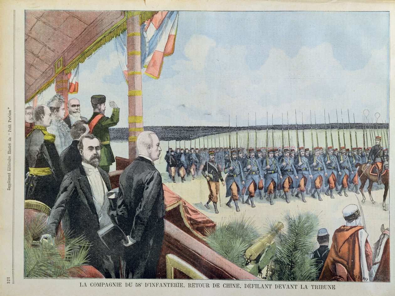 President Loubet och tsar Nicolas II med sin hustru, tsarina Alexandra, granskar det 58:e infanterikompaniet när de återvänder från Kina, illustration från "Le Petit Parisien", 29 september 1901 (färg). av Carrey