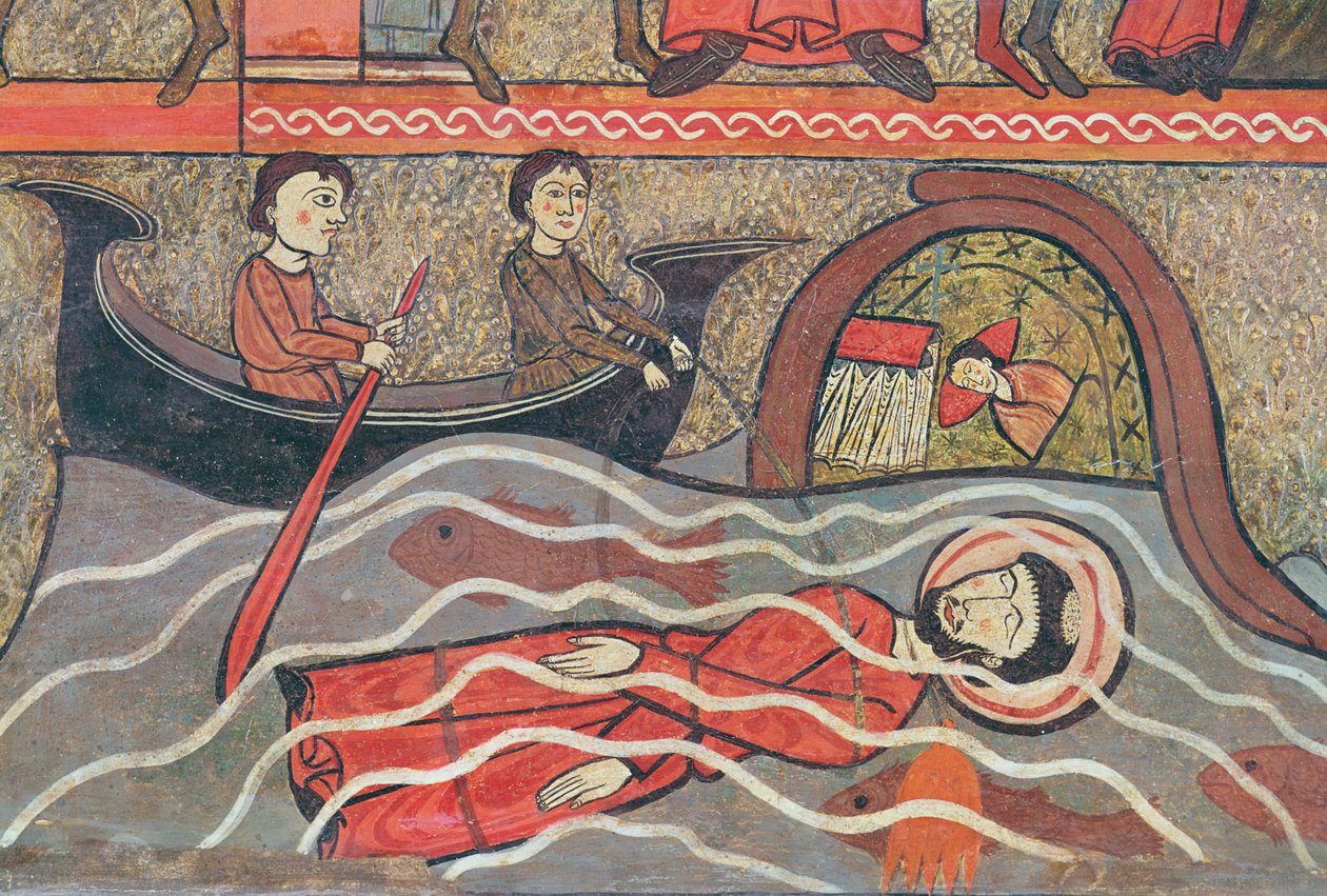 Saint Clements martyrskap, detalj från ett altarfrontal med scener från Saint Clements liv, från kyrkan Sant Climent de Taüll, Vall de Boi, Alta Ribagorça, 1200-talets andra hälft (tempe) av Catalan School