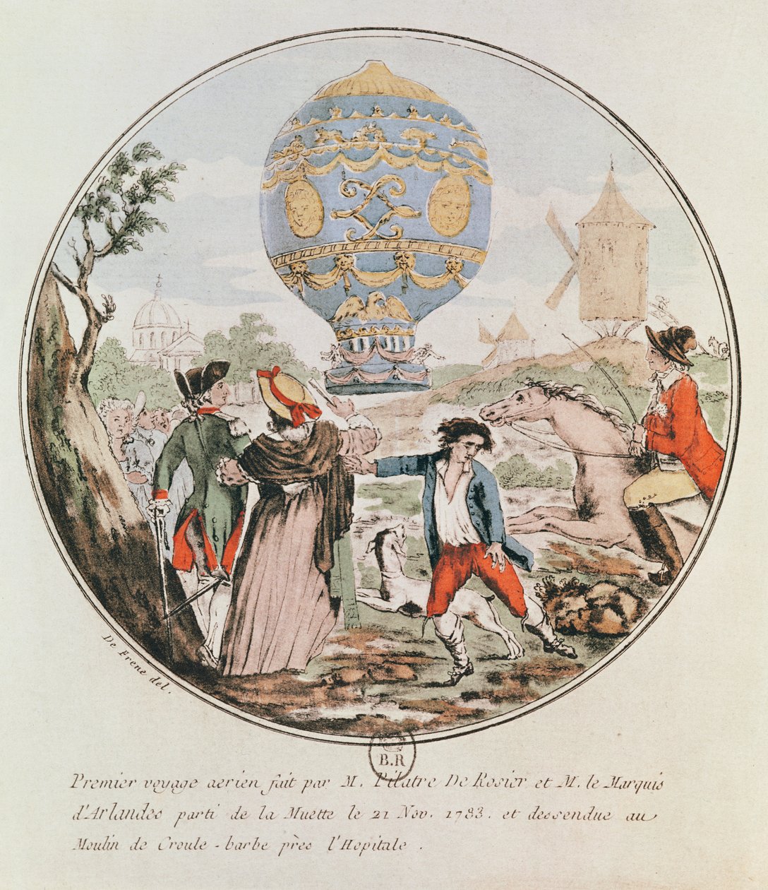 Monsieur Francois Pilatre de Roziers (1754-85) och markisen av Arlandes (1742-1809) första flygresa från Muette till väderkvarnen i Croule-Barbe den 21 november 1783. av De Frene