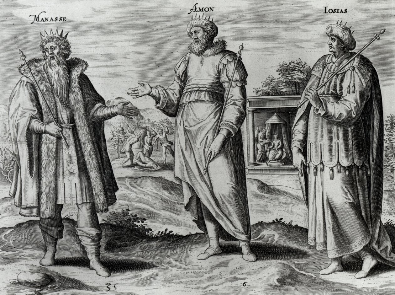 Manasse (697-642 f.Kr.) Amon (642-640 f.Kr.) och Josiah (640-609 f.Kr.) (gravyr) (bw foto) av Dutch School
