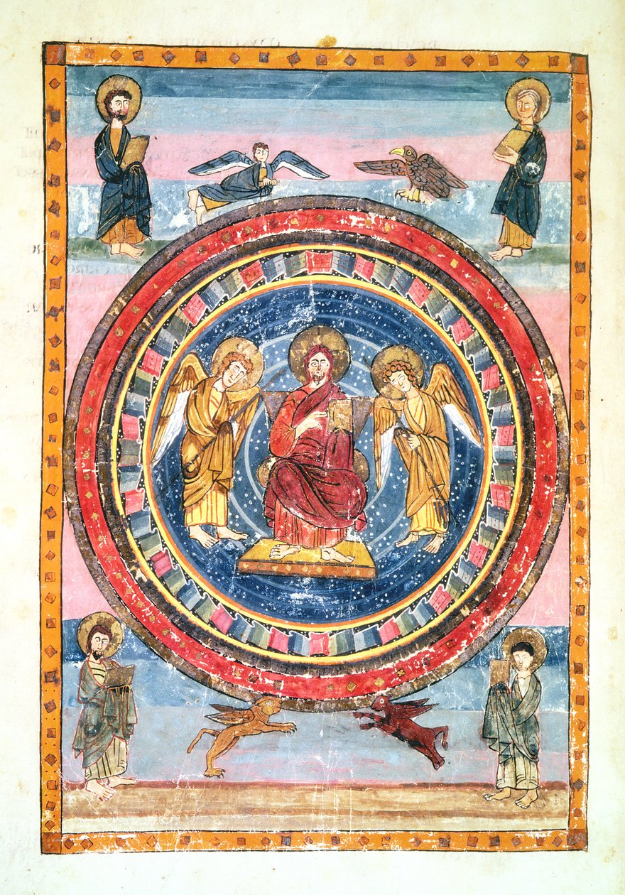 Codex Amiatinus Ms 1 f.796v Kristus i Majestät med änglar och de fyra evangelisterna, avrättad i Jarrow, Wearmouth, tidigt 800-tal av English School