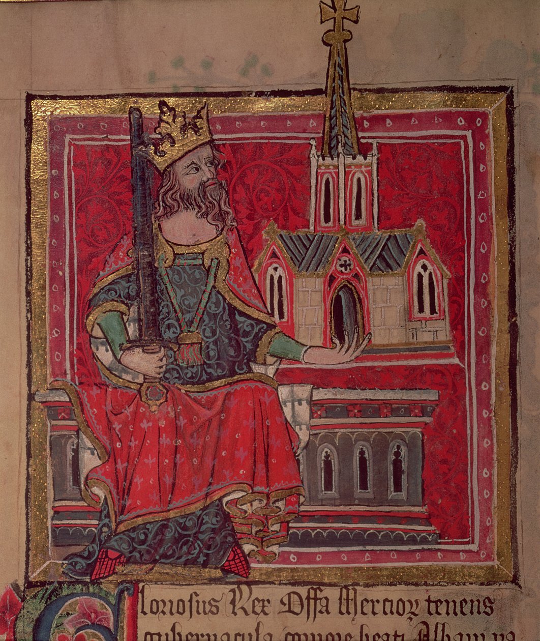 Cott Nero D VIII Offa, kung av Mercia, från Benefactors Book of St. Albans Abbey, ca 1380 av English School
