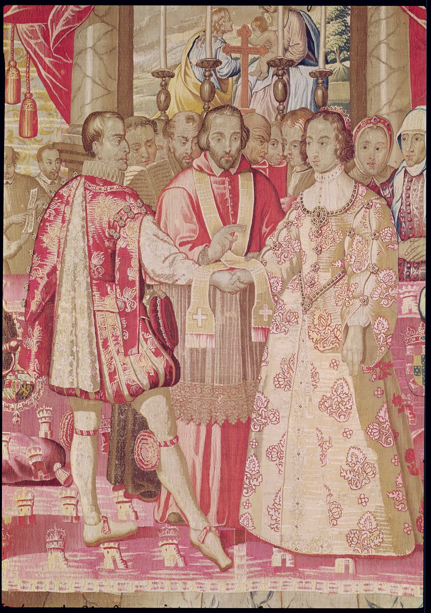 Karl V-tapet som föreställer Karl Vs (1500-58) bröllop med Isabella av Portugal (1503-39) 1526, detalj av kardinal som välsignar paret, Brygge, ca 1630-40 (detalj av 78692) av Flemish School