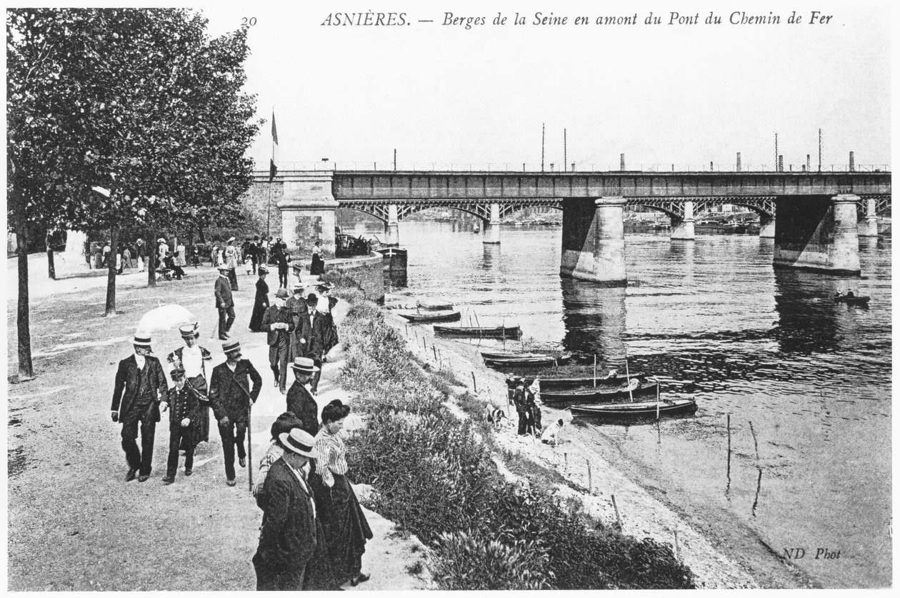Asnieres, stranden av floden Seine och järnvägsbron, ca 1900 av French Photographer