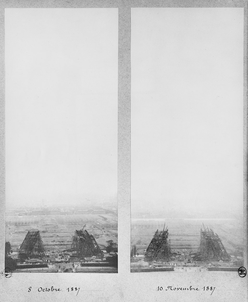 Två vyer av byggandet av Eiffeltornet, Paris, 8 oktober och 10 november 1887 av French Photographer