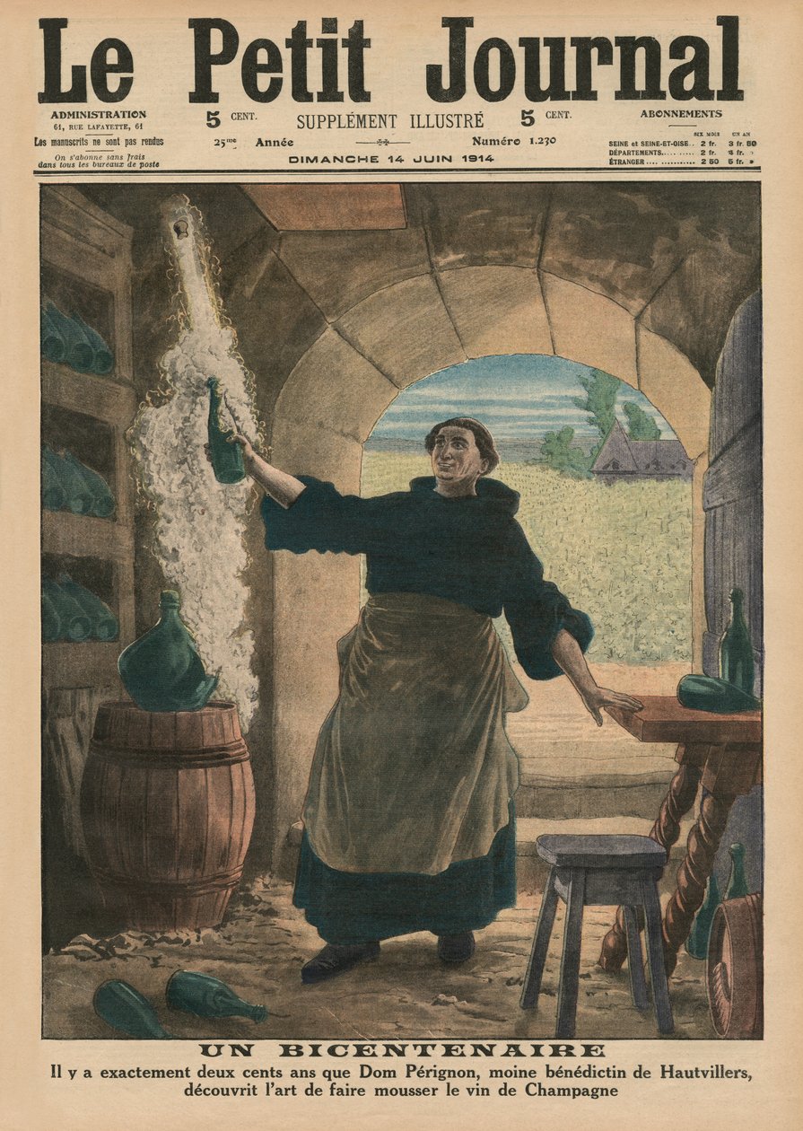 För tvåhundraårsjubileum, exakt två hundra år sedan, upptäckte Dom Perignon, en benediktinermunk från Hautvillers, konsten att få Champagnevinet att gnistra, framsidans illustration från 