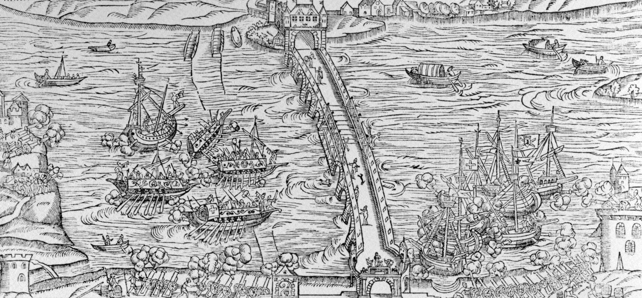 En rekonstruktion av ett sjöslag utfört på floden Seine framför Henri IV 1596, illustration från 