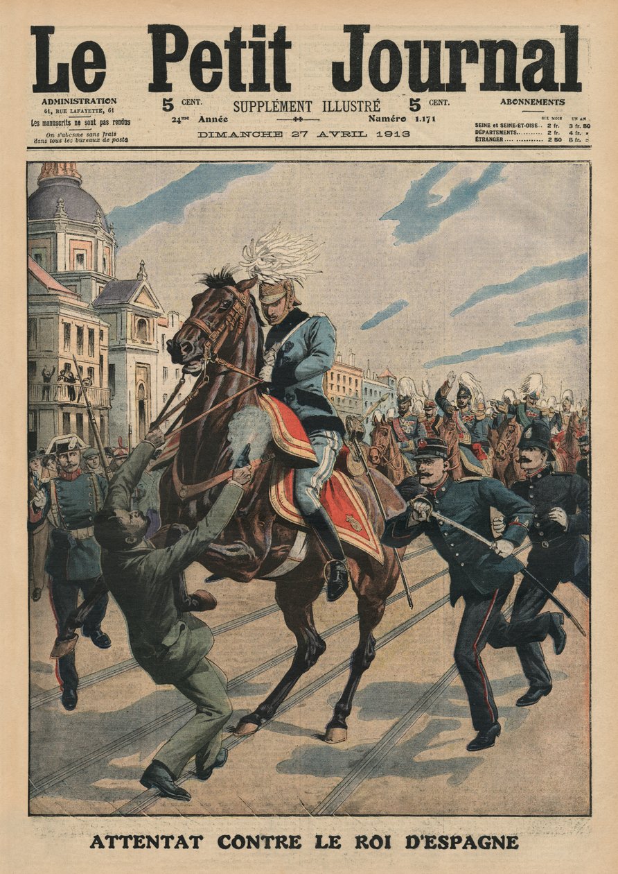 Mordförsök på kung Alfonso XIII av Spanien, framsidans illustration från "Le Petit Journal", bilaga illustre, 27 april 1913 av French School