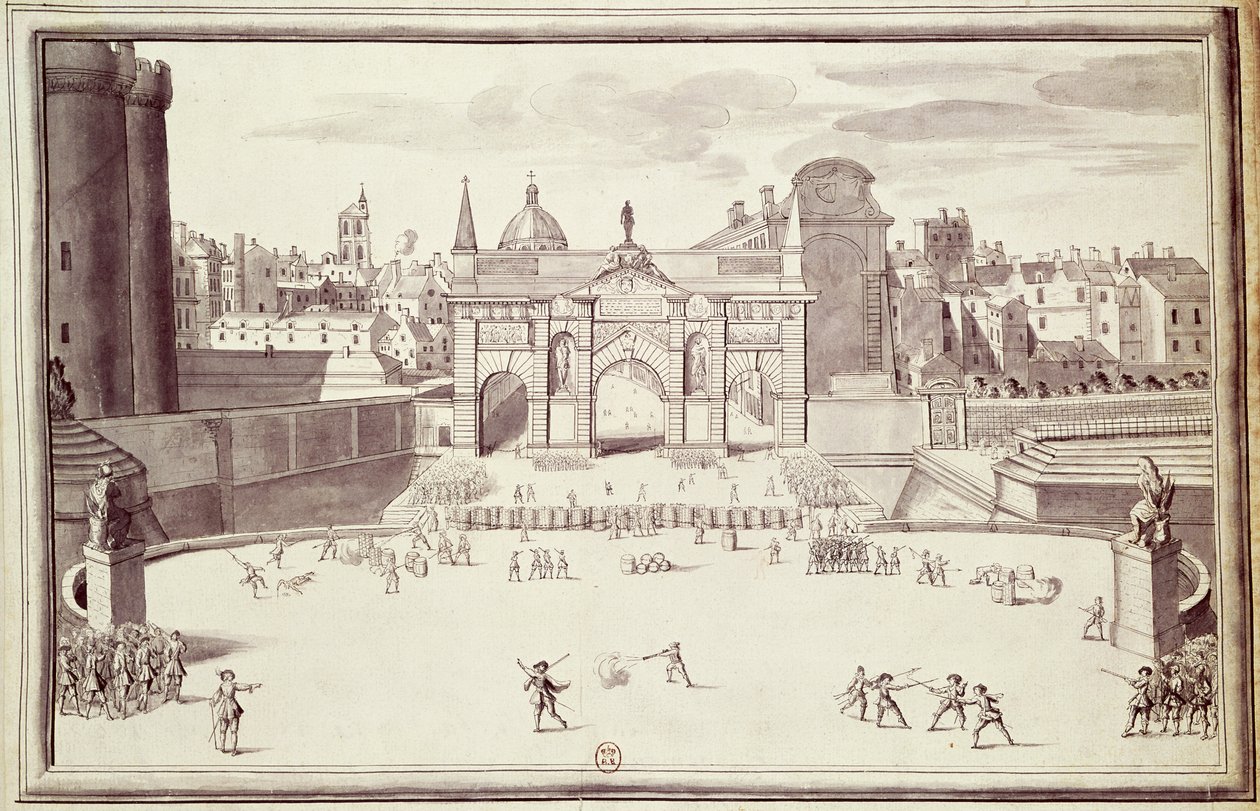 Barrikader vid Porte Sainte-Antoine, 26 augusti 1648 (penna och bläck på papper) av French School