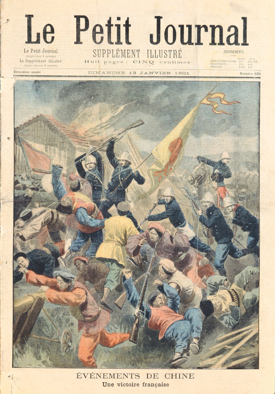 Erövring av Pao-Ting-Fu, provinsen Tcheli, av franska, tyska och italienska trupper under befäl av general Bailloud under Boxer Rebellion of Rebellion 1900-01, omslagsillustration av 