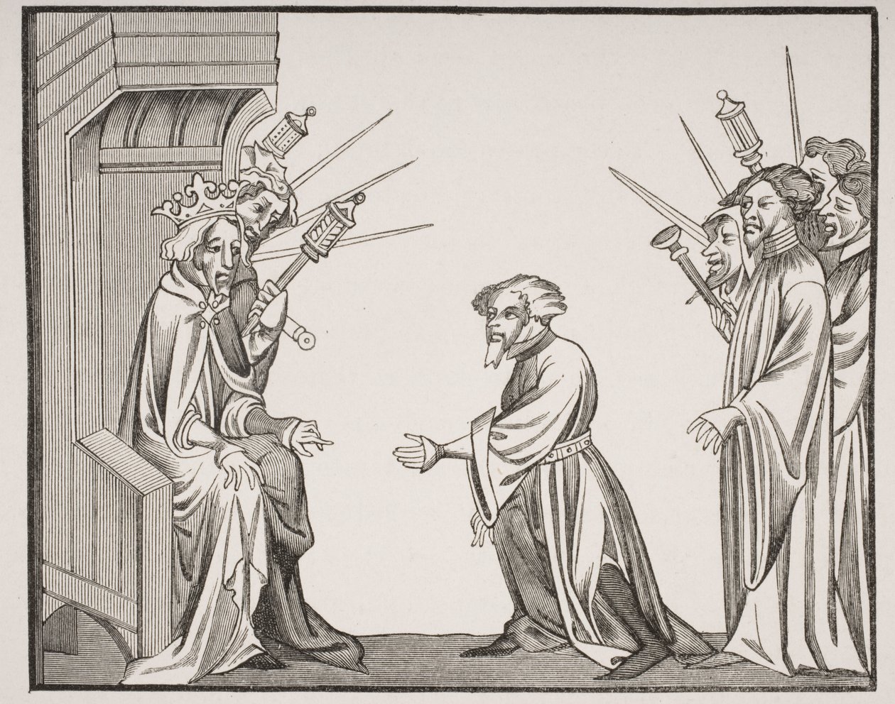 Karl den store (747-814) tar emot eden om trohet och heder från en av sina stora feodatorer eller högbaroner, faksimil av en miniatyr från 1300-talet i "Chronicles of Saint Denis", från "Le Moy". av French School