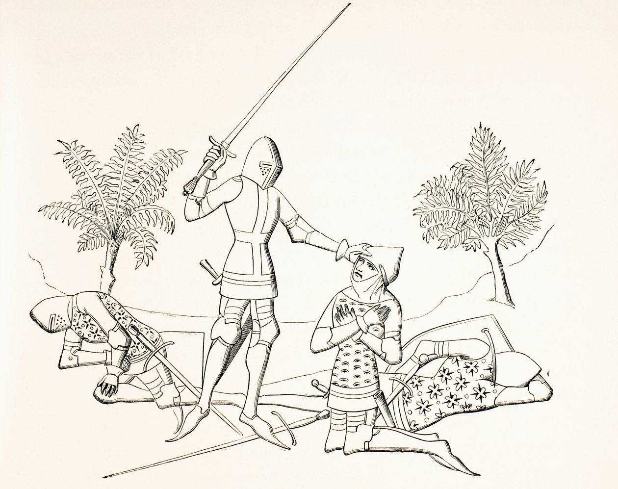 Utdelning av riddarorden på slagfältet efter att mottagaren har dödat två av fienden, från "Military and Religious Life in the Middle Ages" av Paul Lacroix, utgiven i London omkring 1880. av French School