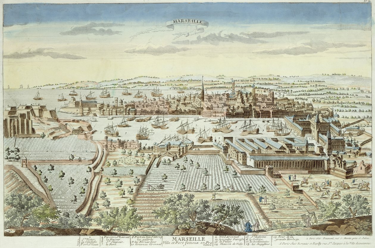 Ridplan av Marseille, 1680 (färgad gravyr) av French School