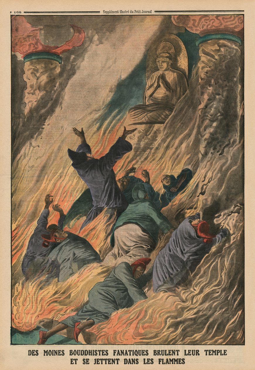Fanatiska buddhistiska munkar sätter eld på sitt tempel och kastar sig i lågorna, Island of Formosa, illustration på baksidan från 