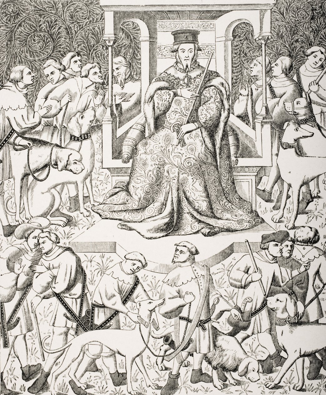 Gaston Phoebus (1331-91) Undervisning i konsten att venery eller jakt, efter en 1400-talsminiatyr av Phoebus och hans personal som jagar vilda djur och rovfåglar, från 