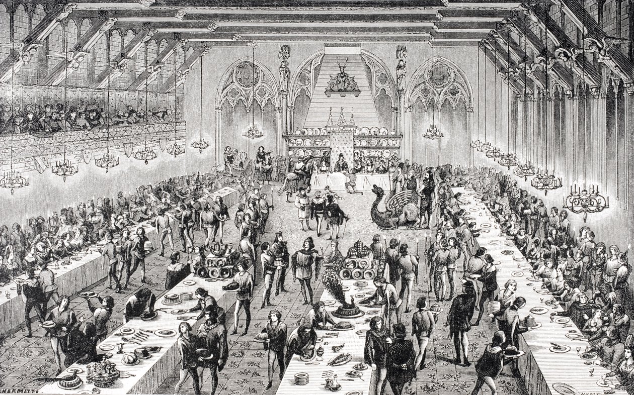 Stor ceremonibankett vid det franska hovet på 1300-talet, från en gravyr från 1800-talet i 