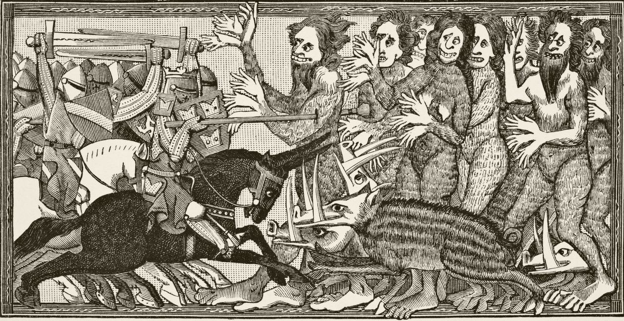 Hur Alexander engagerade sig i strid med grisar med stora tänder en aln långa och med män och kvinnor med sex händer, från "Science and Literature in the Middle Ages" av Paul Lacroix (1806-84) publicerad av French School