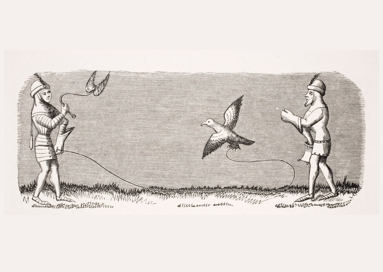 Hur man tränar en ny falk, reproduktion av en miniatyr i 1300-talsmanuskriptet "Livre de Roy du Modus" av Henri de Ferrieres, från puben "Le Moyen Age et La Renaissance" av Paul Lacroix (1806-84) av French School