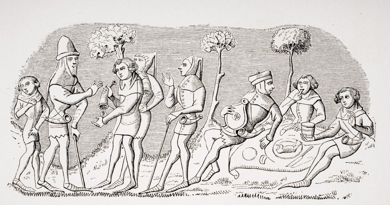 Jaktmåltid, reproduktion av en miniatuare i 1300-talets manuskript Livre de Roy du Modus