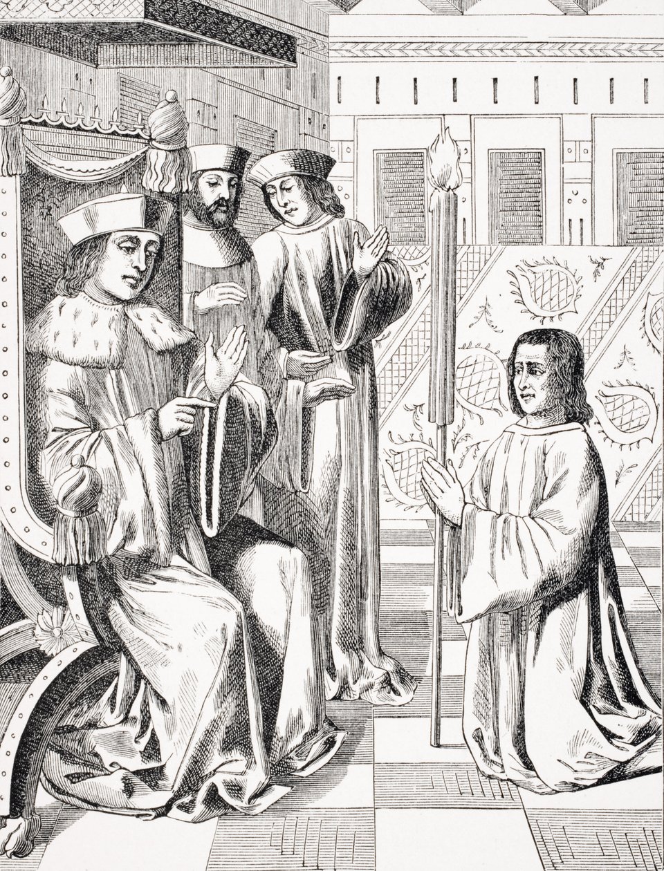 Jacques Coeur (ca 1395-1456) hyllar Charles VII (1403-66), kopia av en miniatyr från 1400-talet i "Chroniques of Monstrelet", från "Le Moyen Age et La Renaissance" av Paul Lacroix (1806-84) ) av French School