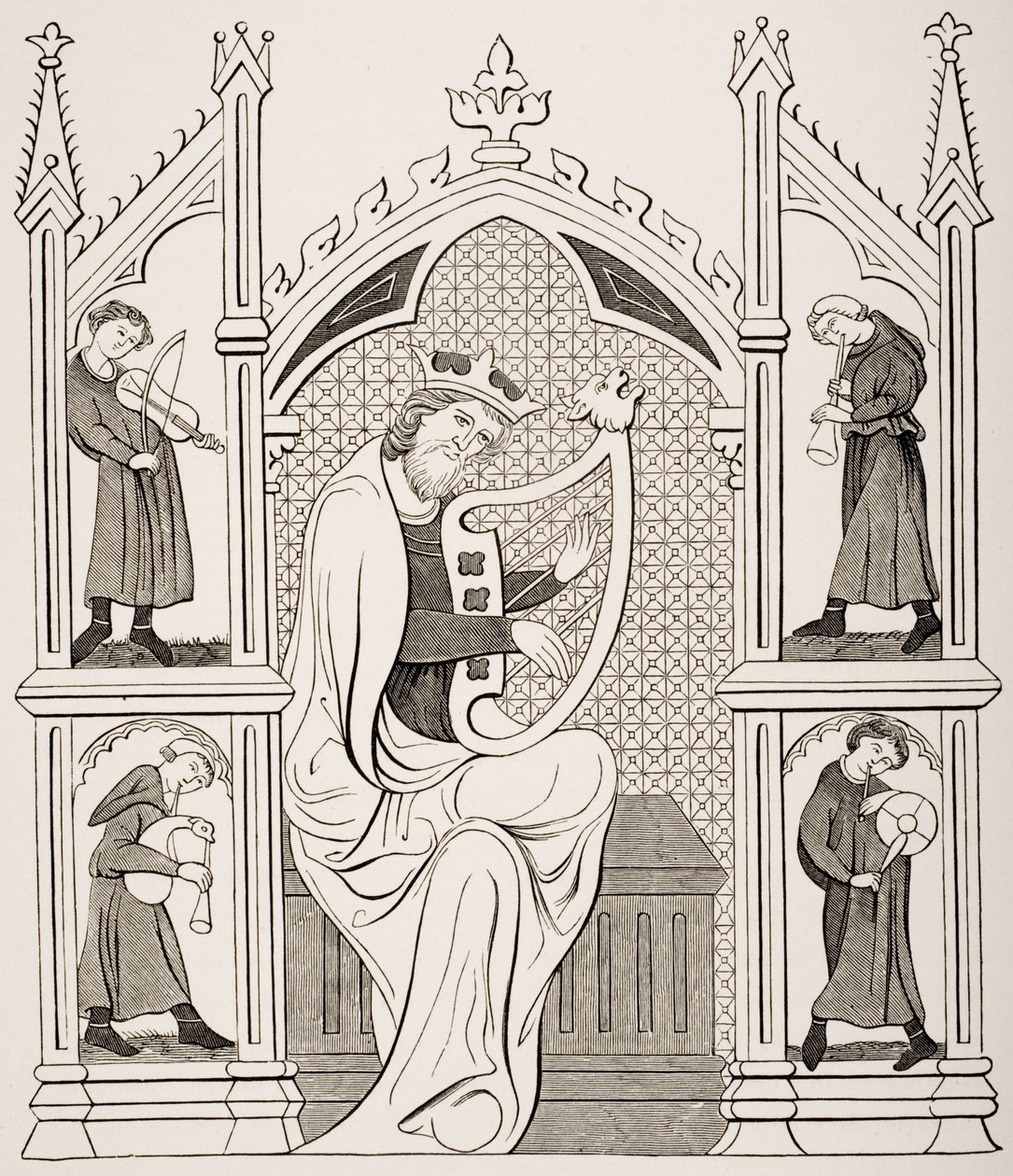 King David Playing the Lyre omgiven av fyra musiker, efter en miniatyr i en manuskriptpsalter, från 
