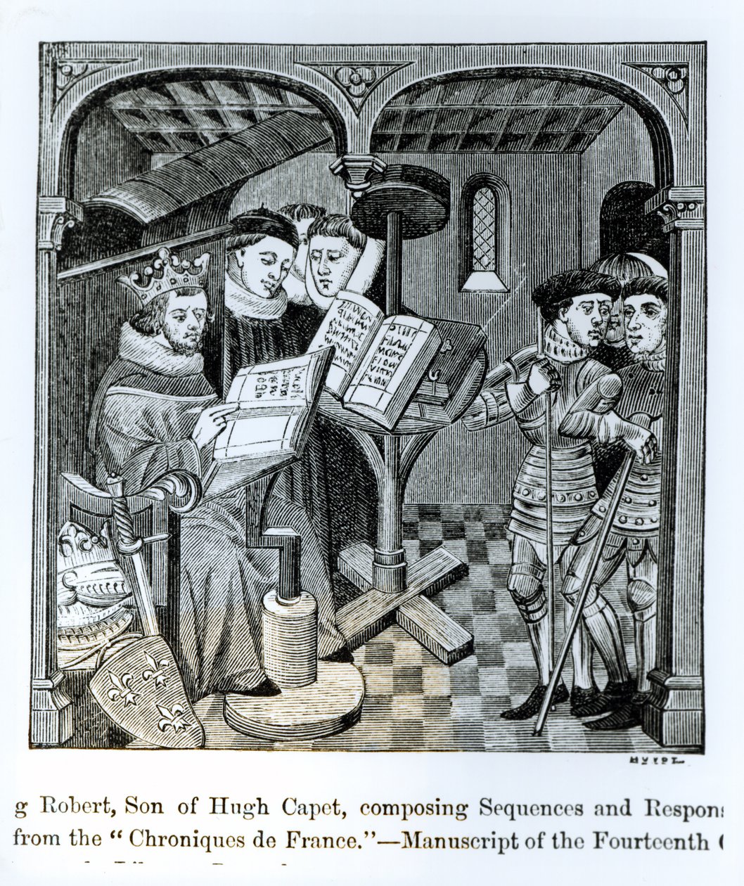 Kung Robert II (970-1031) son till Hugh Capet (ca 944-996) som komponerar Sequences and Responses, från "Chroniques de France", illustration från "Science and Literature in the Middle Ages and Renaissance" av French School