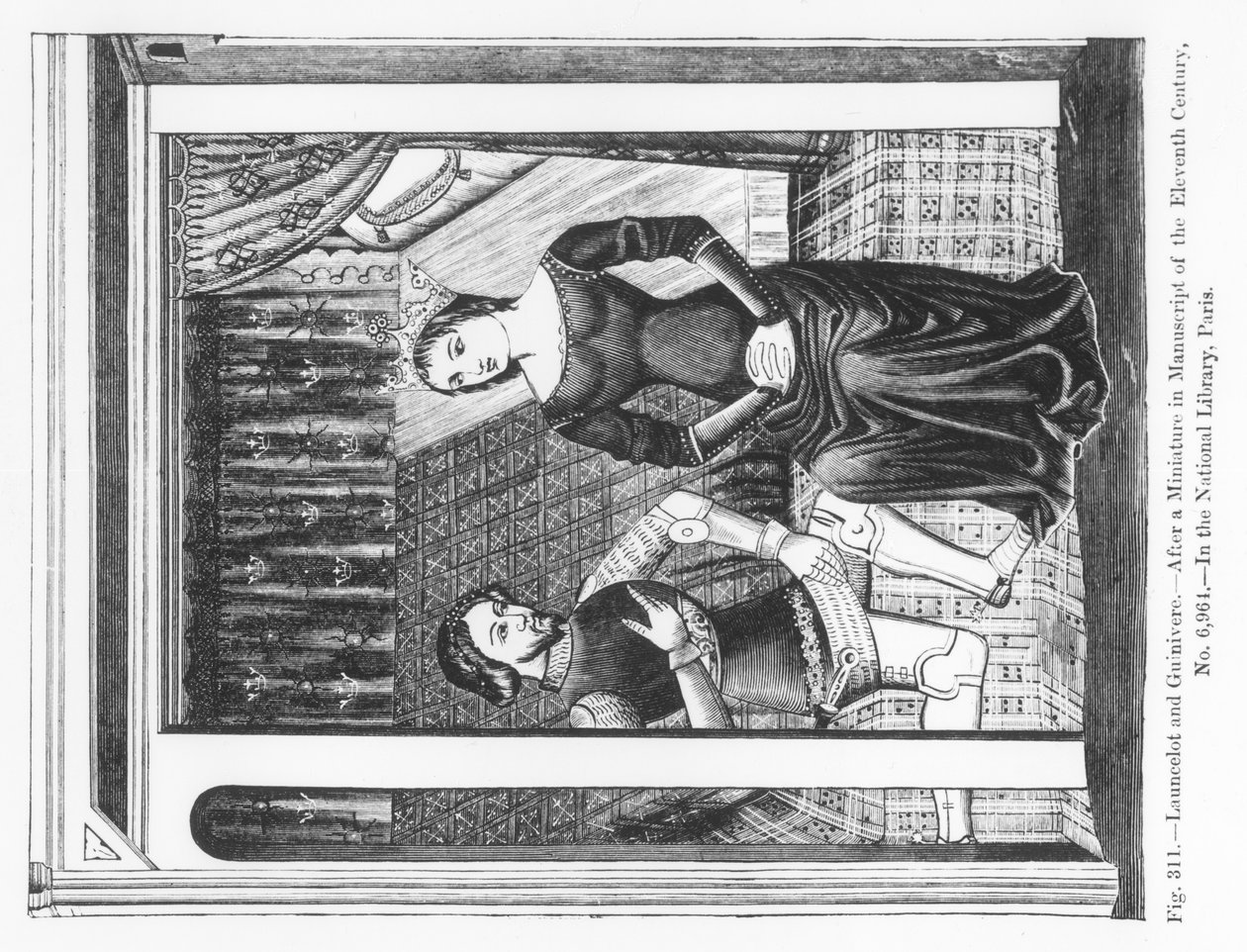 Lancelot och Guinivere, från ett manuskript innehållande Arthurlegenden, illustration från "Science and Literature in the Middle Ages and Renaissance", skriven och graverad av Paul Lacroix, 1878 (sv av French School