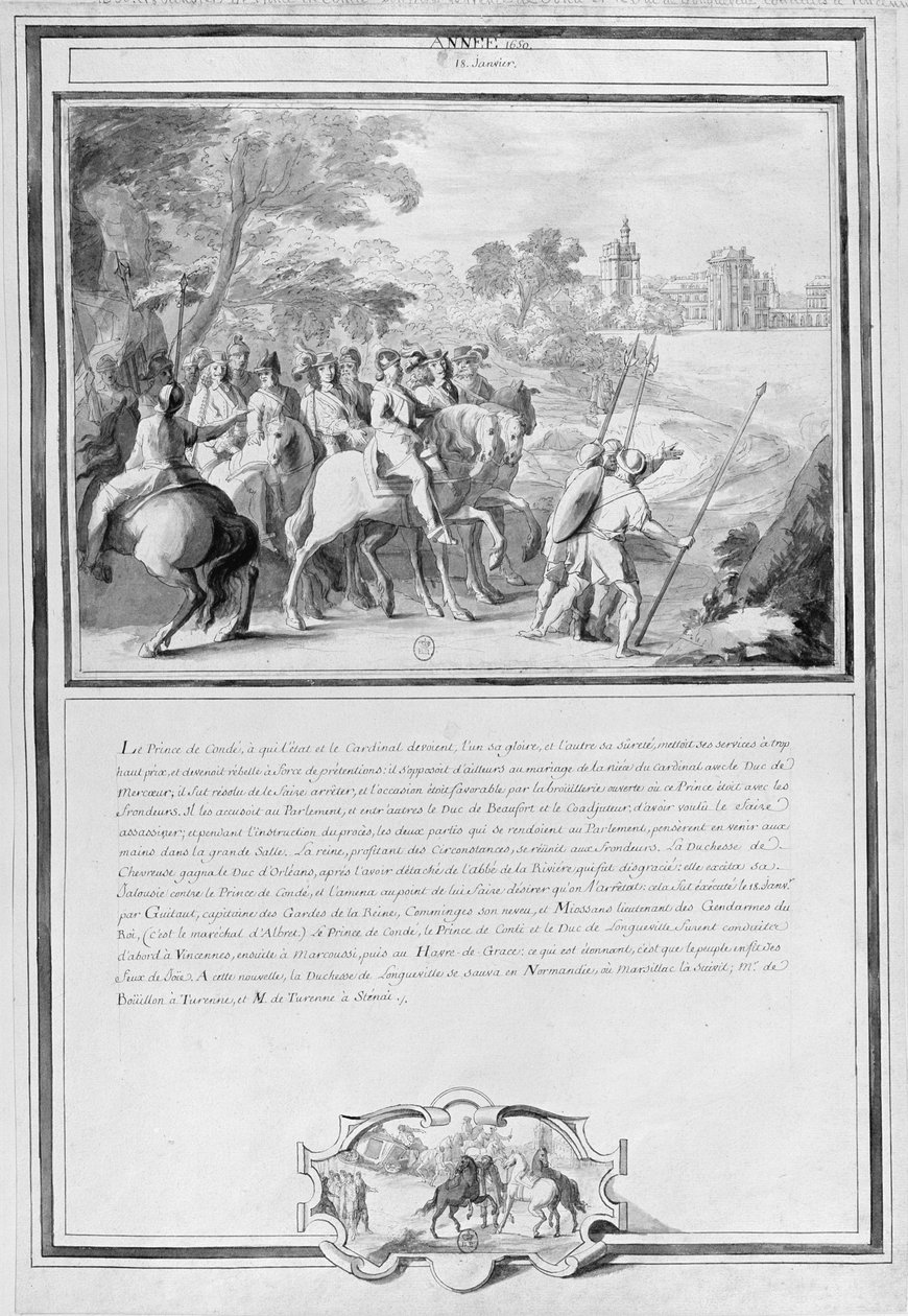 Louis II de Bourbon (1621-86) Prins av Conde med sin bror, Armand de Bourbon (1629-66) Prins av Conti och Henri II de Longueville (1595-1663) Hertig av Estouteville Rider till Vincennes, 18 januari av French School